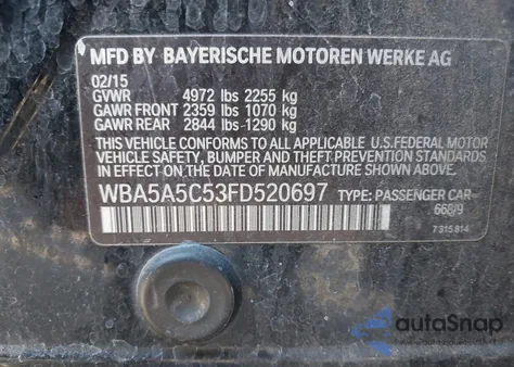 2015 BMW 528I z USA, uszkodzony, nr VIN WBA5A5C53FD520697